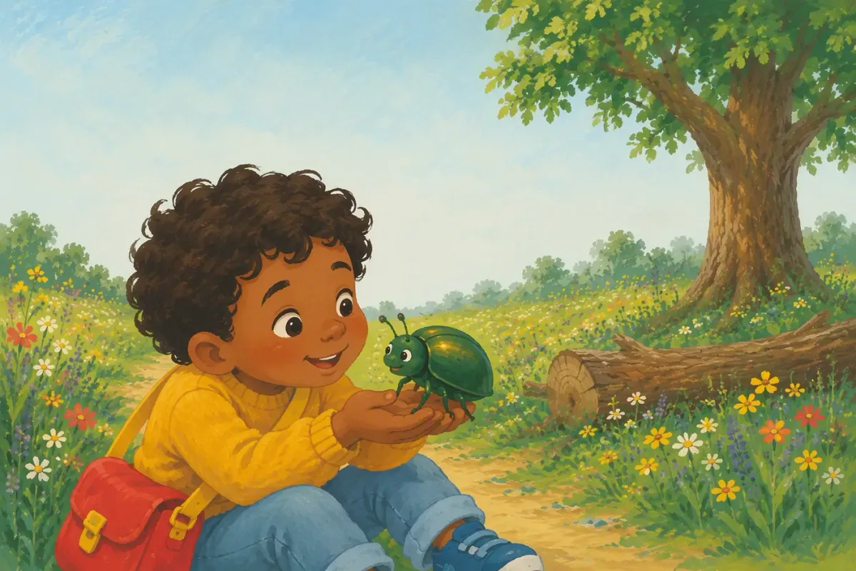 Sam, a small boy in a yellow jumper, holding a friendly green beetle in a flowery meadow